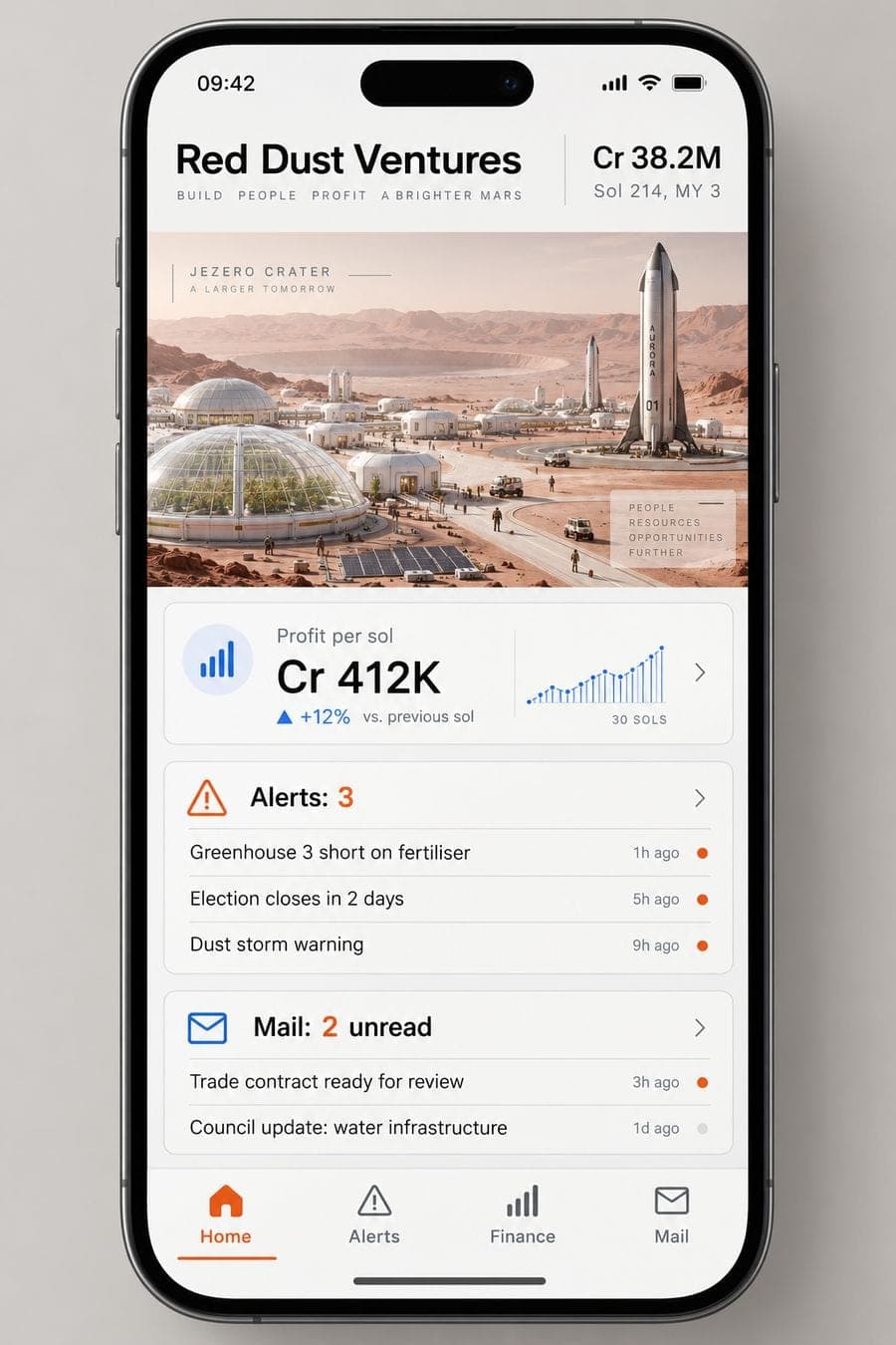 Concept art: the phone companion showing company profit, alerts and mail